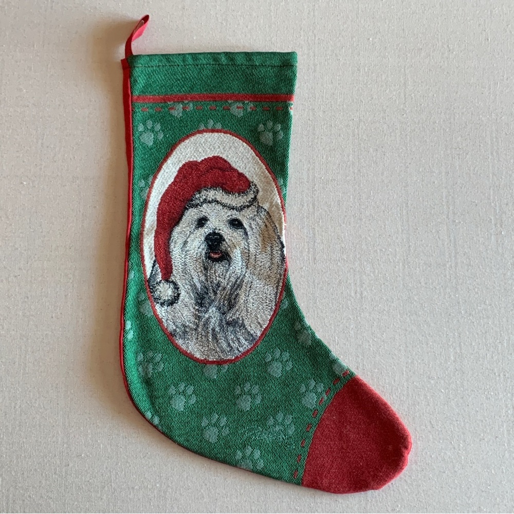 Maltese Christmas Stocking Red Green Paw Print Picken 19"